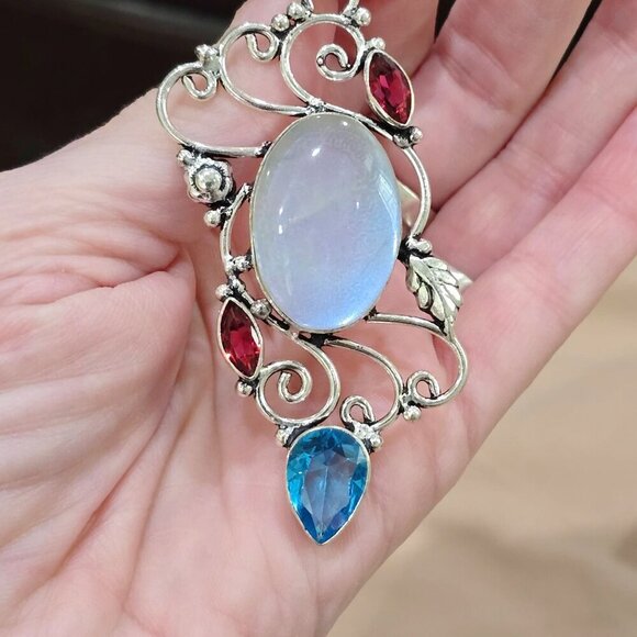 Milky Opal ✦ Blue Sapphire Garnet Pendant ✦ 925 Sterling Silver Intricate Swirl - Picture 6 of 13